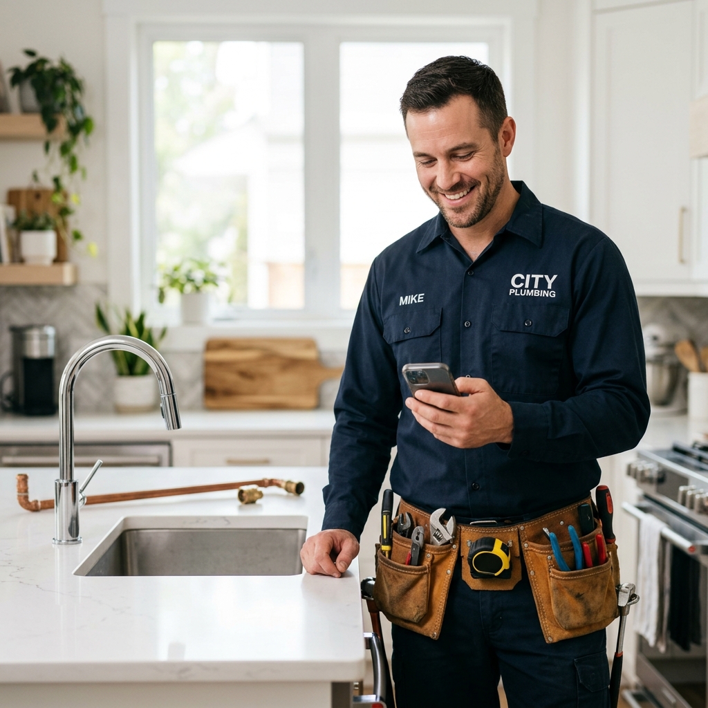 Plumber verifying new incoming lead on smartphone