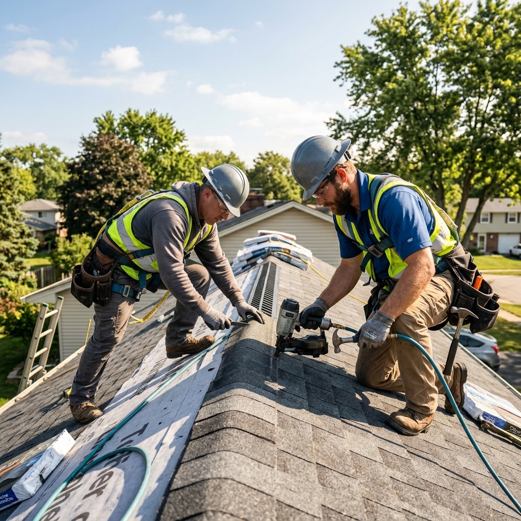 Professional roofers working